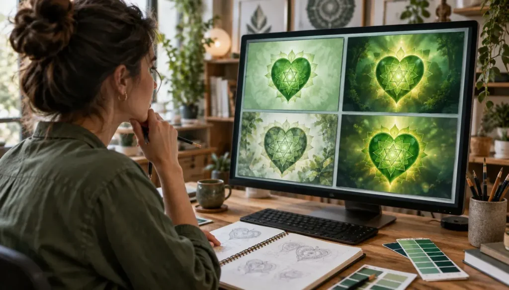 Graphic designer comparing AI-generated chakra artwork to choose the best visual result