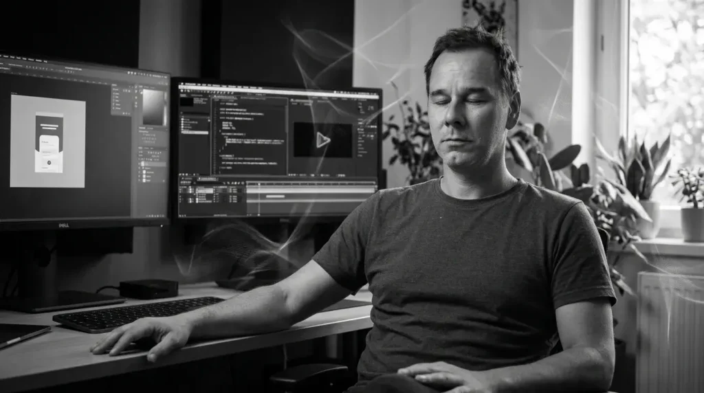 Digital creator sitting peacefully between a creative computer workspace and a calm meditative environment.
