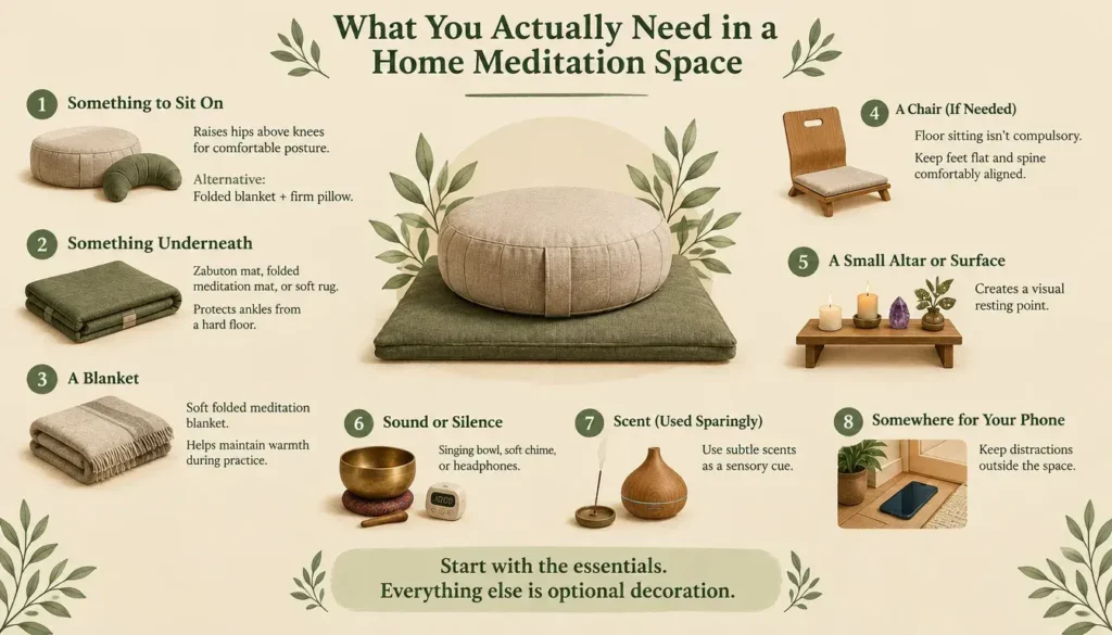 Infographic showing eight essential items for a home meditation space, including a cushion, blanket, altar, singing bowl, and phone storage.