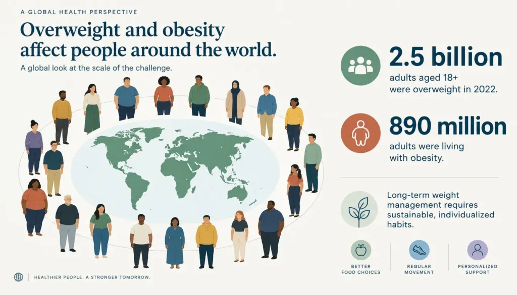 Global weight management statistics showing 2.5 billion overweight adults in 2022
