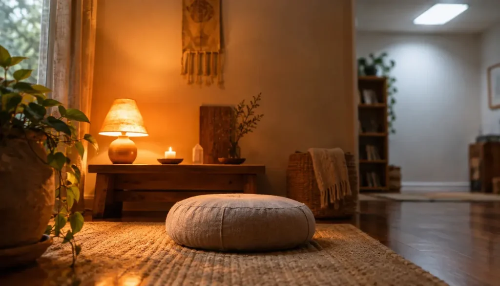 Cozy home meditation space illuminated with warm ambient lighting.
