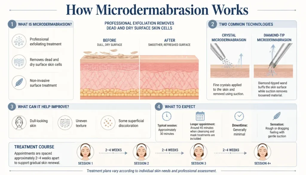 Infographic explaining microdermabrasion exfoliation methods treatment duration and expected results