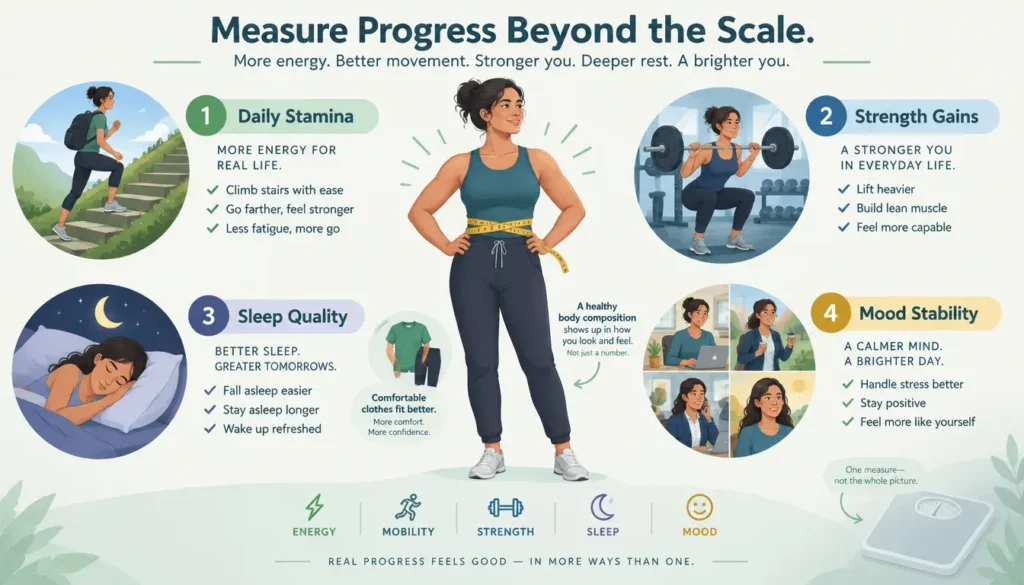 Infographic showing ways to measure weight management progress beyond scale numbers