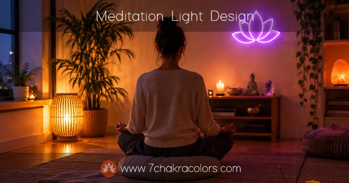 Person meditating in a cozy evening meditation room with warm ambient lighting, candles, and a lotus-shaped neon sign.