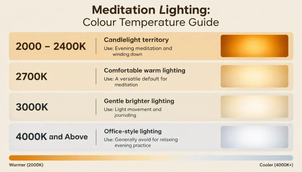 Infographic comparing meditation lighting colour temperatures from 2000K to 4000K and above.