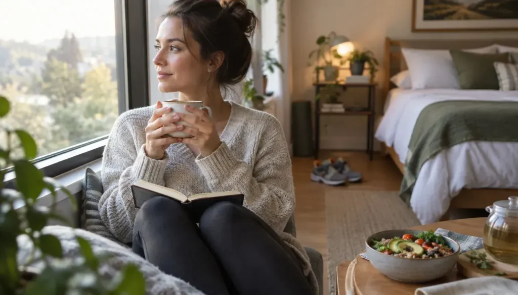 Person taking a quiet reflective moment representing mental health and wellbeing