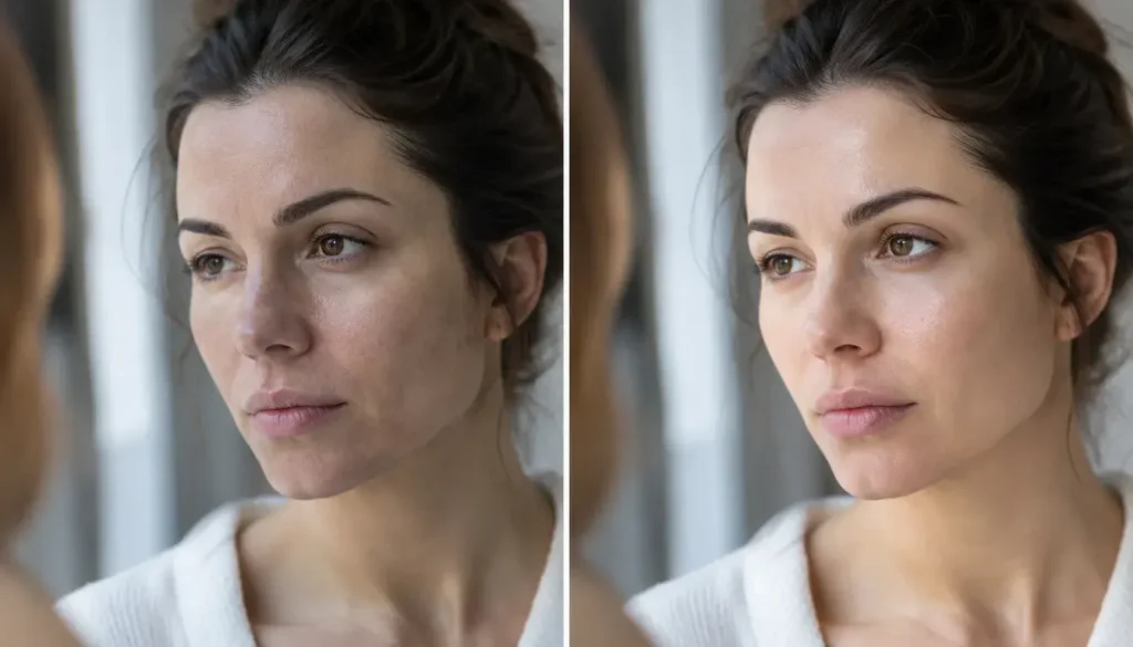 Side-by-side comparison of dull-looking and refreshed-looking skin after skincare treatment