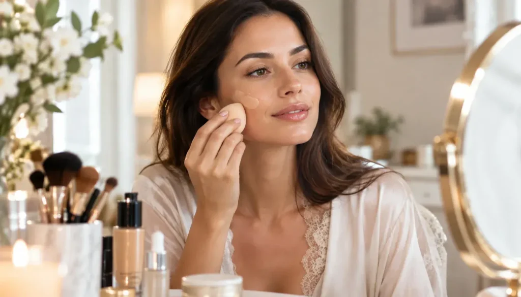 Woman applying foundation with a makeup sponge to achieve a smooth, even-looking complexion.