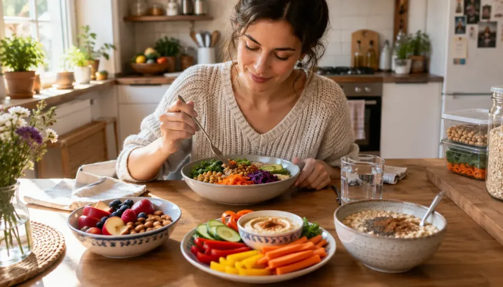 Mindful eating at home with healthy prepared foods and no distractions