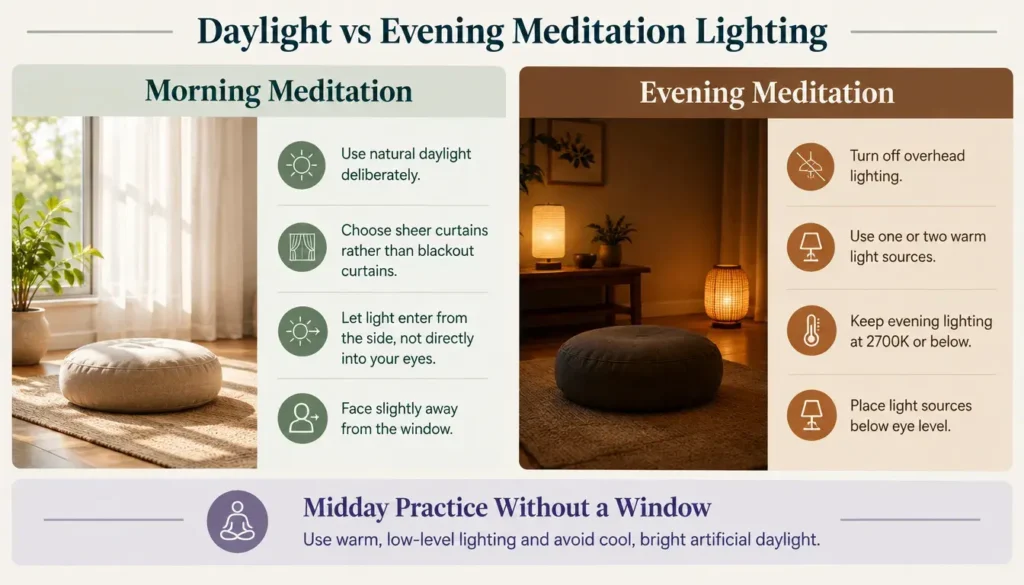 Infographic comparing morning daylight meditation with dim warm evening meditation lighting.