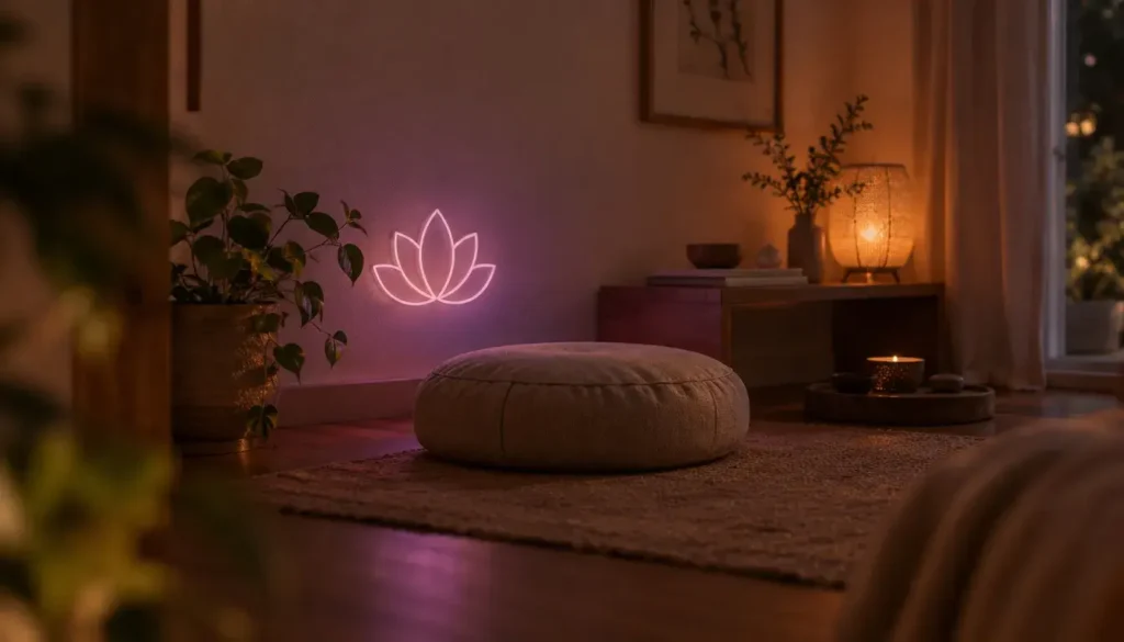 Softly illuminated lotus-shaped neon sign in a home meditation corner.