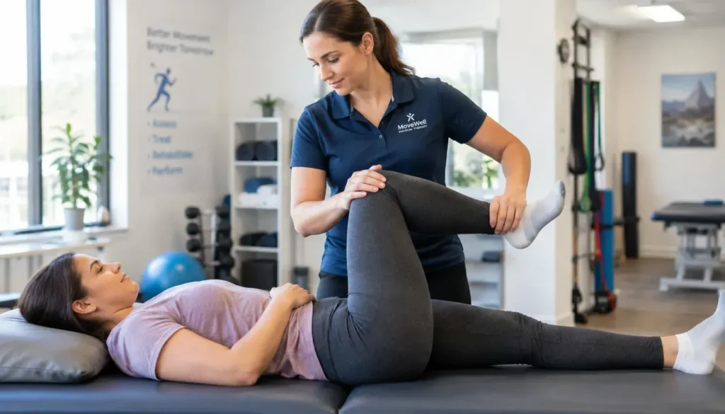 Physiotherapist helping a client with a controlled stretching exercise
