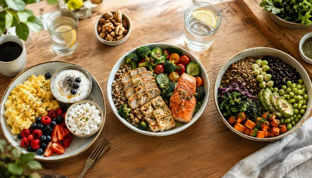 Protein-rich meals with eggs salmon tofu lentils and vegetables