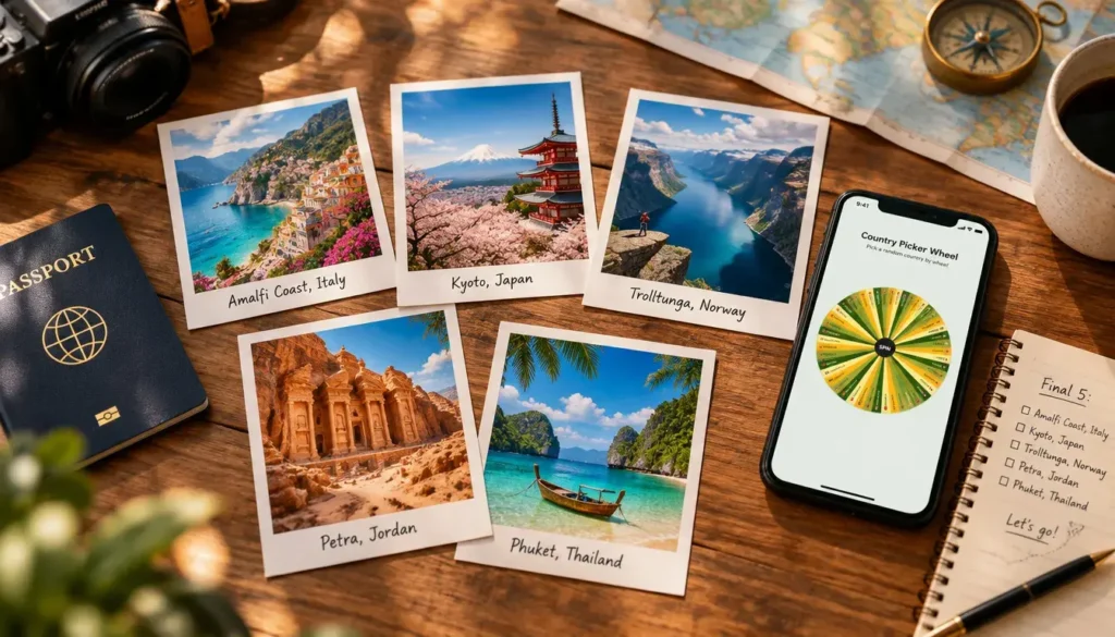 Random generator selecting one destination from five travel options