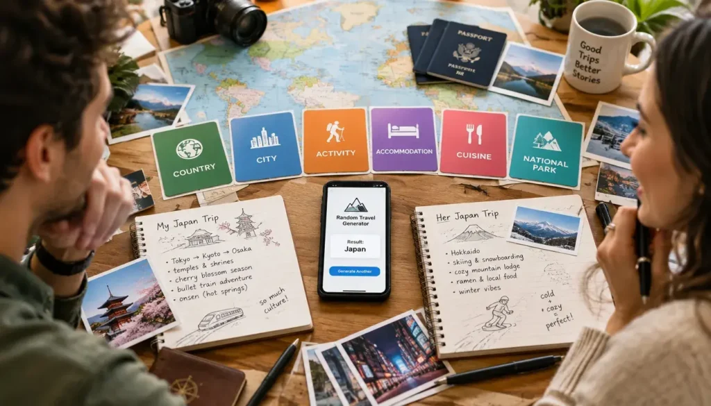 Friends using a random generator for a creative travel challenge