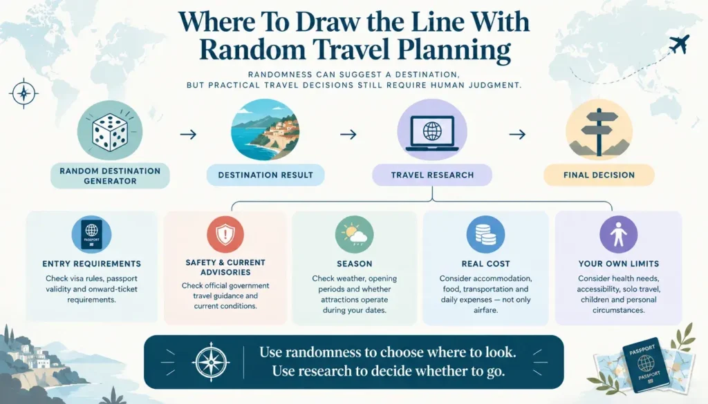 Infographic showing five things to check before following a random travel destination