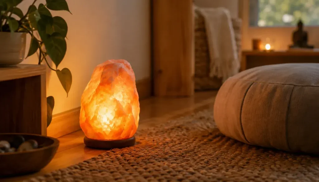 Himalayan-style salt lamp emitting a soft amber glow beside a meditation cushion.