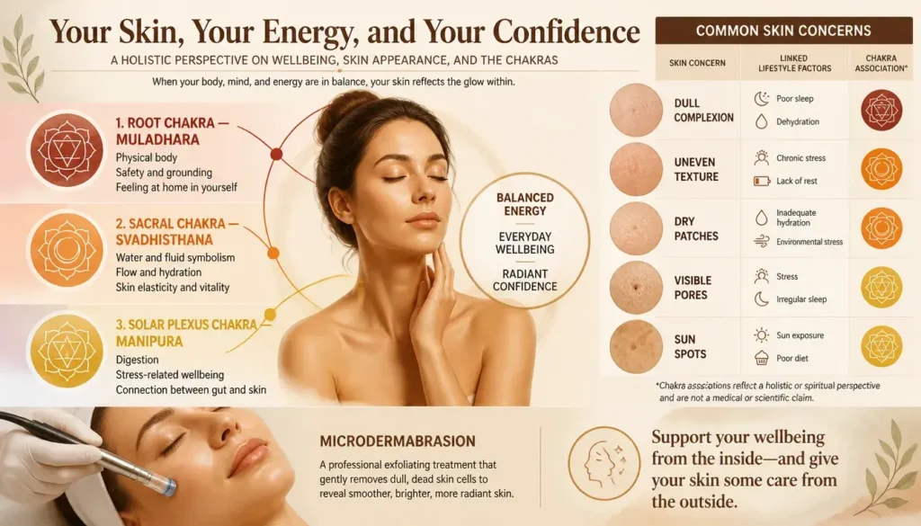 Infographic exploring skin concerns chakra symbolism and confidence through microdermabrasion