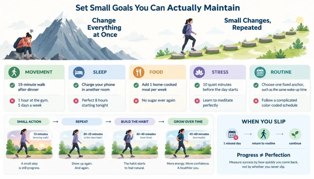 Infographic showing five small achievable health goals compared with overwhelming alternatives