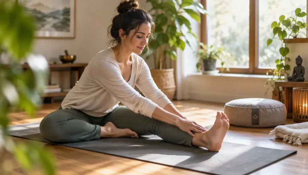 Woman gently stretching before seated meditation