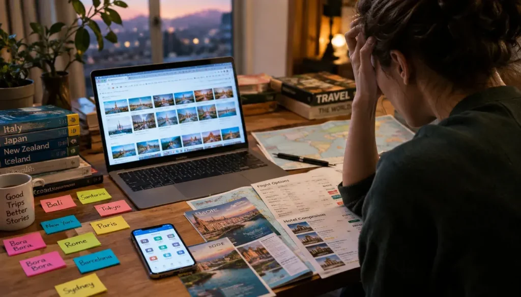 Traveler overwhelmed by too many destination choices and travel tabs