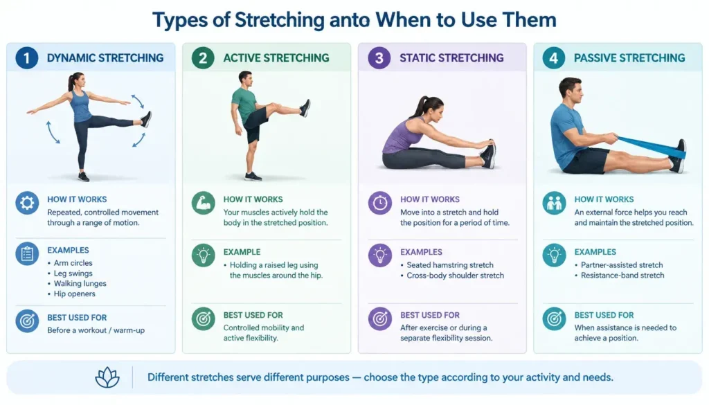 Infographic comparing dynamic active static and passive stretching