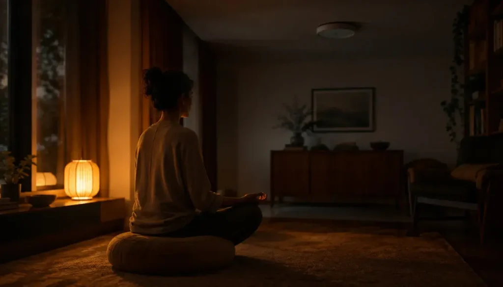 Person meditating in a softly lit room with warm ambient lighting.