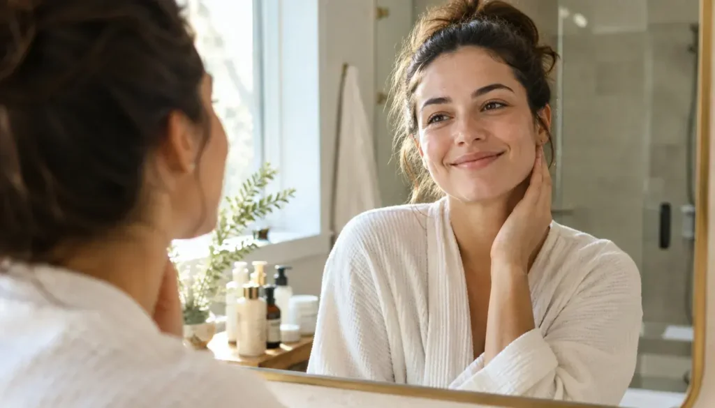 Woman confidently looking at her reflection with healthy smooth-looking skin