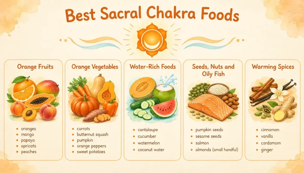 Infographic of the best sacral chakra foods grouped into orange fruits, orange vegetables, water-rich foods, seeds and spices.