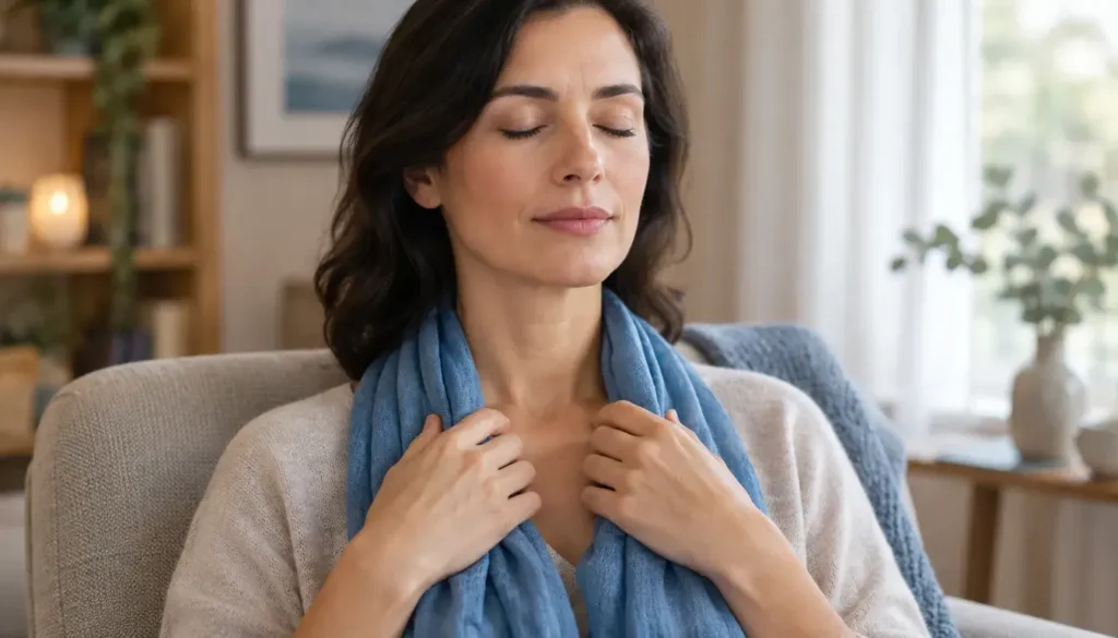 Person holding a blue scarf near the collarbone during a throat chakra meditation.