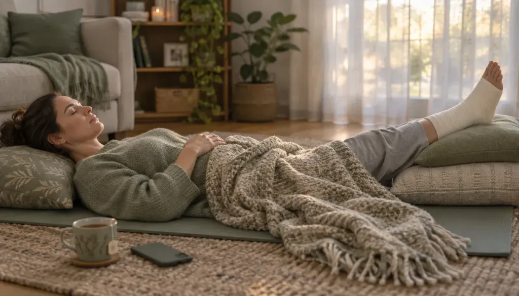 Woman lying on a yoga mat with her bandaged ankle elevated, doing a body scan meditation.