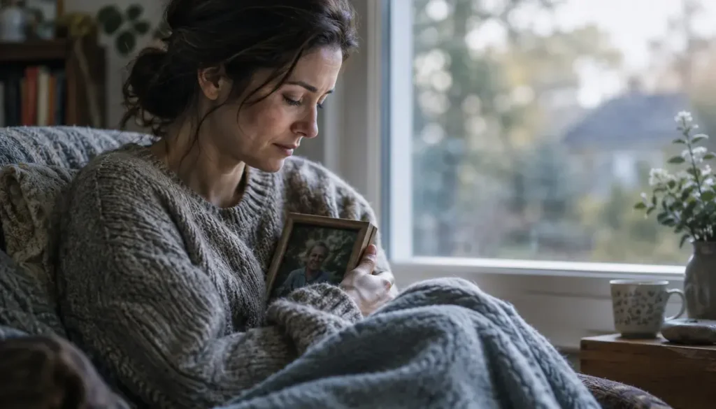 Grieving adult holding a framed photograph while sitting quietly beside a window.