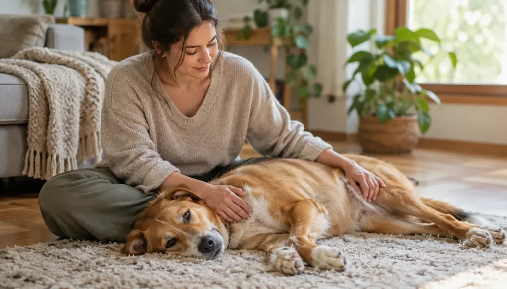 Owner gently rests a hand on a relaxed dog's chest during a calming touch practice.