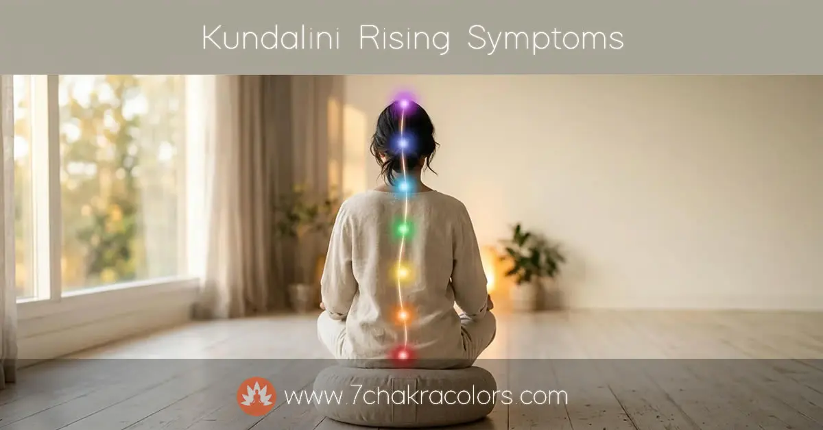 Person meditating from behind with seven glowing chakra colors along the spine, showing kundalini rising from root to crown.