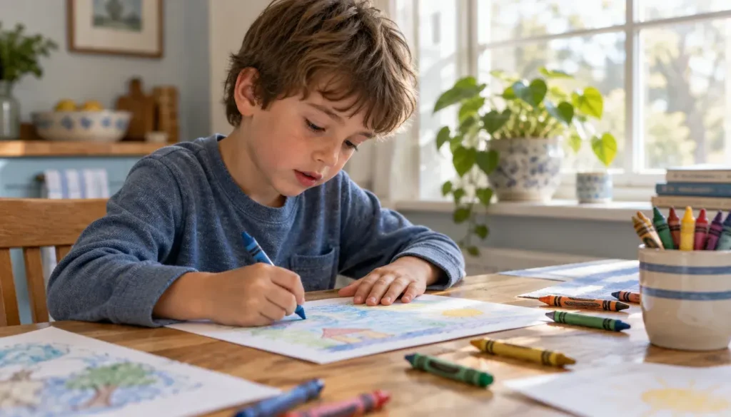 Boy drawing at a kitchen table with lips slightly parted, showing a habit of child mouth breathing during focus.