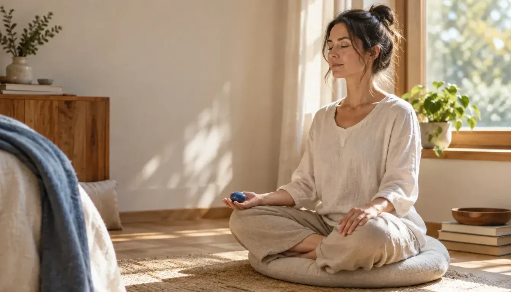 Person meditating with a blue stone as a visual focus cue.