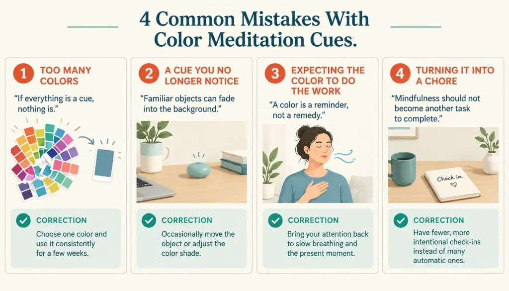 Infographic showing four color meditation mistakes and ways to avoid them.