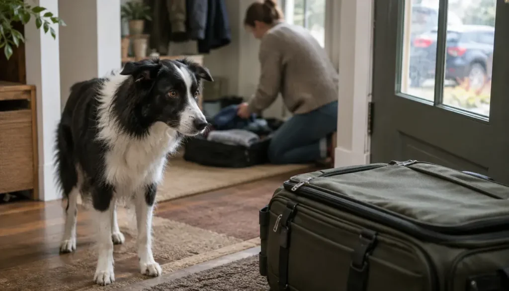 An alert dog watches its owner pack a suitcase before a trip.