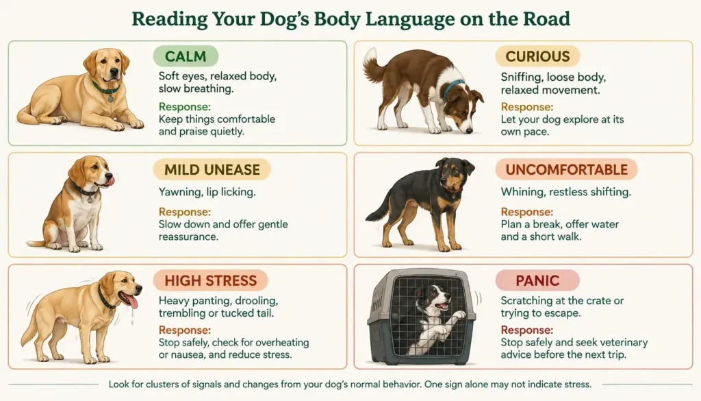 Infographic explaining calm, curious, uneasy, stressed and panicked dog body language during travel.