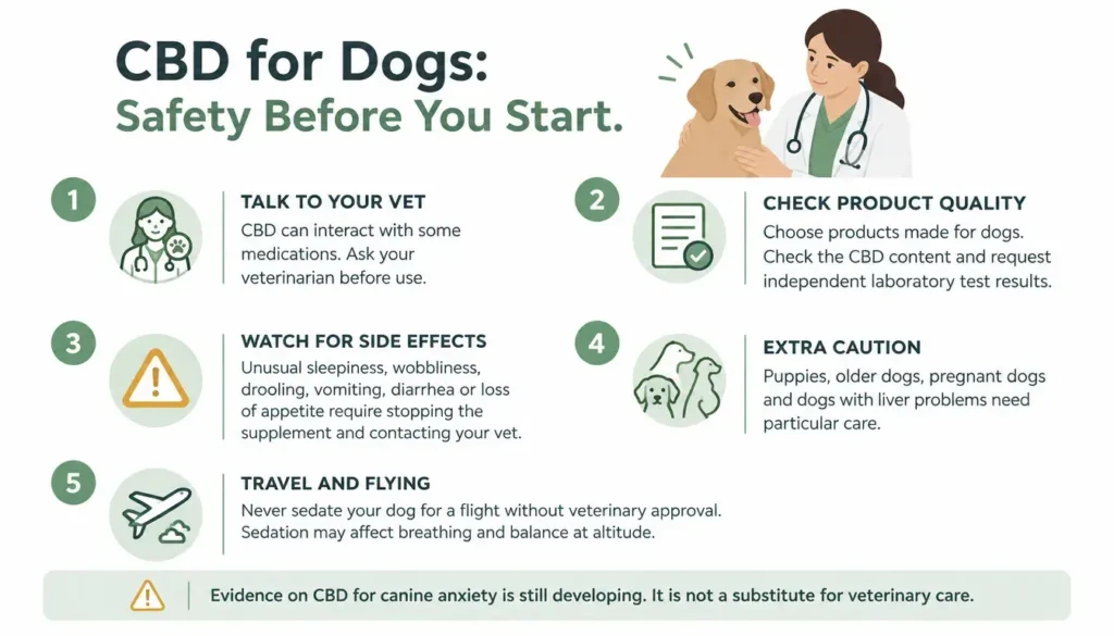 Safety infographic covering supplements for dogs, product quality, side effects, precautions and air travel.