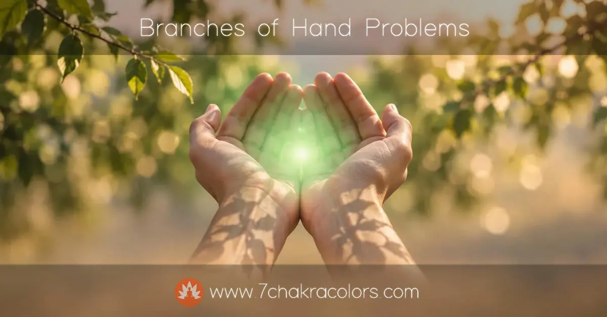 Open hands cupping a soft green glow in front of tree branches, symbolizing the energetic branches of hand problems.