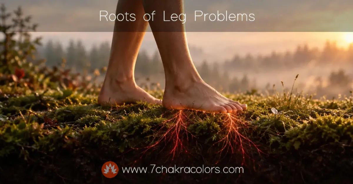 Bare feet standing on moss at dawn with red light rooting into the earth, symbolizing the energetic roots of leg problems.