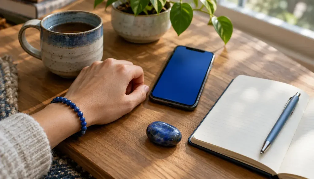 Blue gemstone bracelet, blue phone wallpaper, notebook and stone used as everyday meditation reminders.