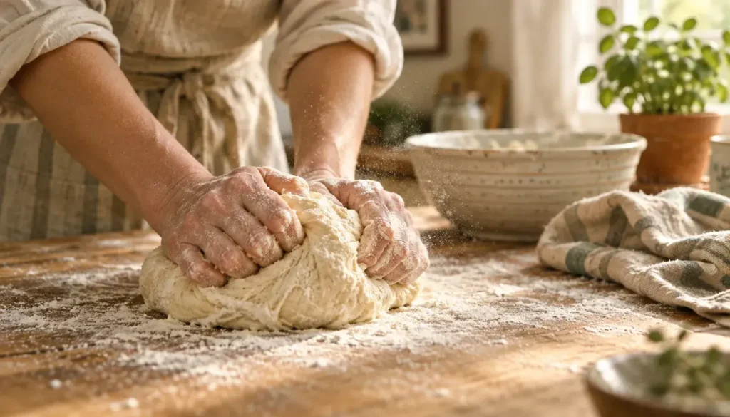 Hands kneading bread dough on a floured wooden table, a slow tactile habit that helps tense hands relax.