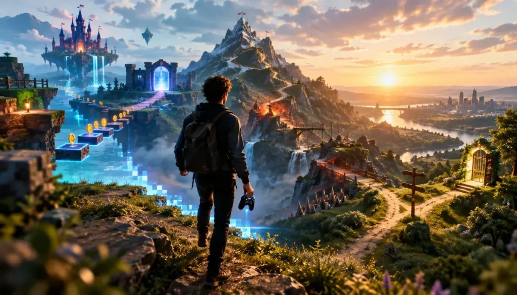 Gamer stepping from a virtual game world toward real life and personal growth