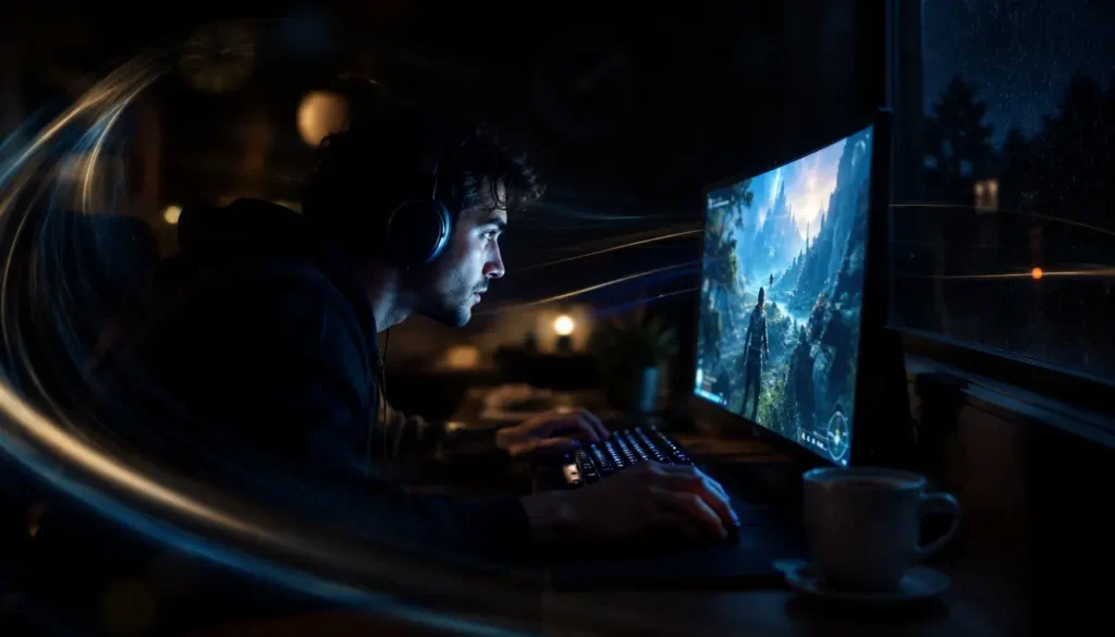 Gamer experiencing flow state and complete absorption while playing