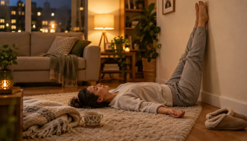 Person resting with legs up the wall in a cozy living room, an everyday grounding habit for tired legs.