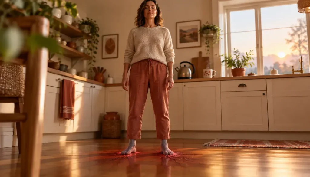 Woman standing in socks on a kitchen floor at sunrise, doing a grounding practice for tired legs.