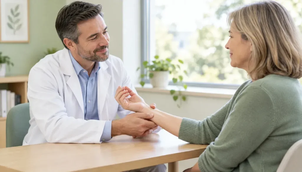 Doctor gently examining a woman’s wrist in a bright clinic, showing when hand symptoms need medical attention.