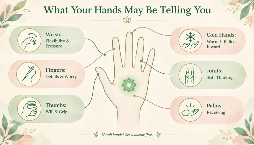Infographic mapping wrists, fingers, thumbs, palms, joints and cold hands to their energetic meanings.